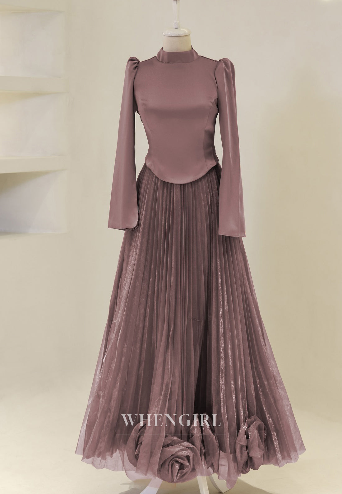 A-Line High Neck Long Sleeves 3D Flowers Back Zipper Long Formal Evening Gown