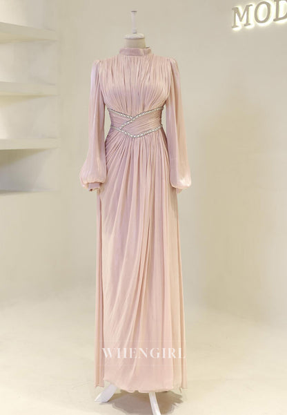 Long Sleeves Pleated Beaded A-Line Floor Length High Neck Sheath Formal Evening Gown