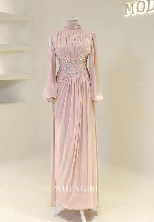 Long Sleeves Pleated Beaded A-Line Floor Length High Neck Sheath Formal Evening Gown