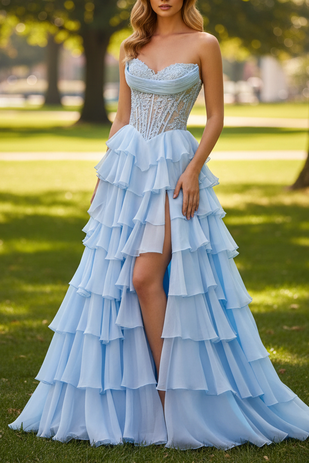 Sky Blue Side Slit Sweetheart Strapless Ruffle Prom Dress