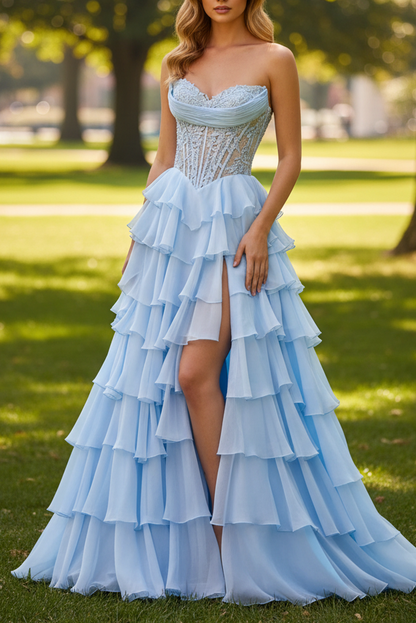 Sky Blue Side Slit Sweetheart Strapless Ruffle Prom Dress